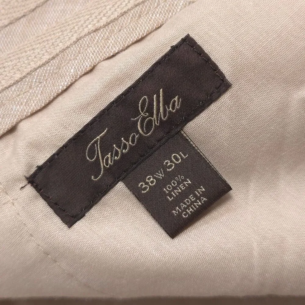 Tasso Elba 100% Linen Pants Khaki 38W 30L Casual Dress Flat Front‎ Lightweight
